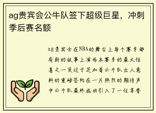 ag贵宾会公牛队签下超级巨星，冲刺季后赛名额